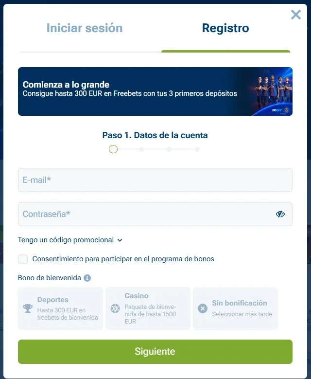 Formulario de alta 1xBet paso a paso