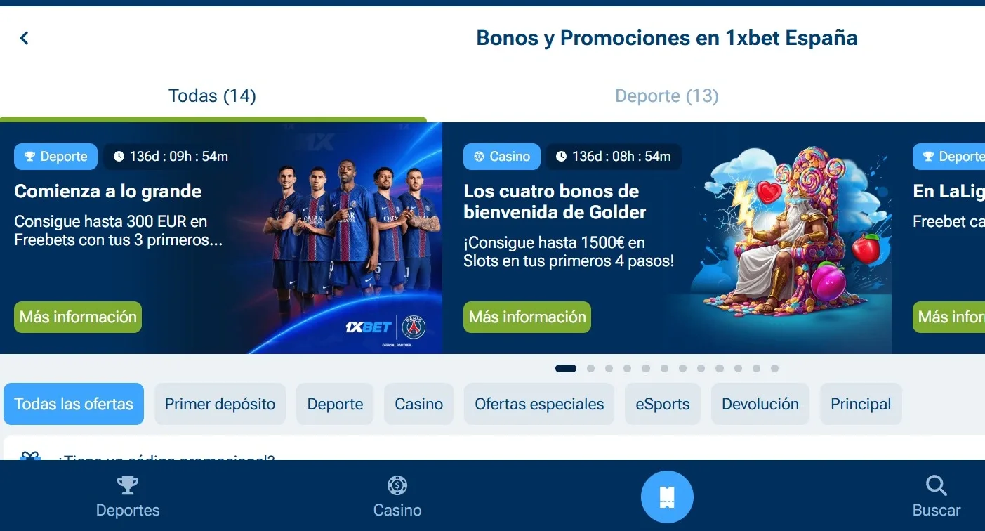 Bonos de bienvenida 1xBet para apuestas y casino