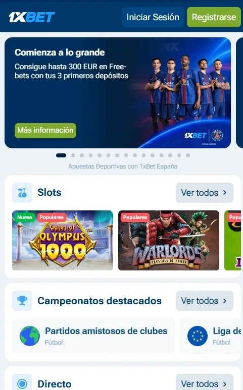 Pantalla principal 1xBet con bonos recurrentes